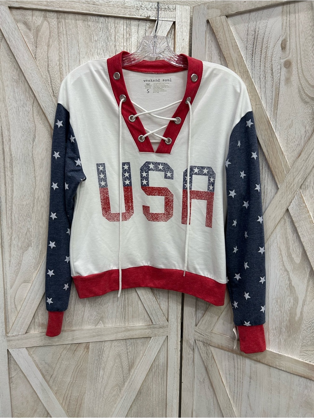 Weekend Soul USA Lace-Up Long Sleeve Top - Red, White & Blue